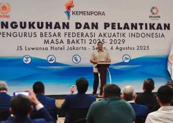 Menteri Pemuda dan Olahraga Republik Indonesia (Menpora RI) Dito Ariotedjo, mendorong Pengurus Besar Federasi Akuatik Indonesia (PB FAI) Masa Bakti 2025-2029 untuk mampu mencapai hasil terbaik dengan meraih medali pada pelaksanaan Olimpiade 2028 Los Angeles mendatang.(foto:Andre/kemenpora.go.id