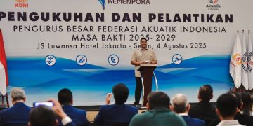 Menteri Pemuda dan Olahraga Republik Indonesia (Menpora RI) Dito Ariotedjo, mendorong Pengurus Besar Federasi Akuatik Indonesia (PB FAI) Masa Bakti 2025-2029 untuk mampu mencapai hasil terbaik dengan meraih medali pada pelaksanaan Olimpiade 2028 Los Angeles mendatang.(foto:Andre/kemenpora.go.id